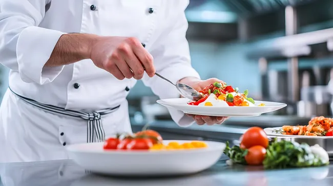 Profi-Koch bereitet frischen mediterranen Salat in Küche zu