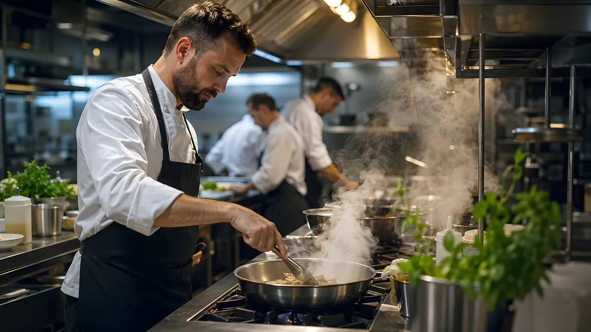 Profikoch bereitet Gericht in Restaurantküche zu