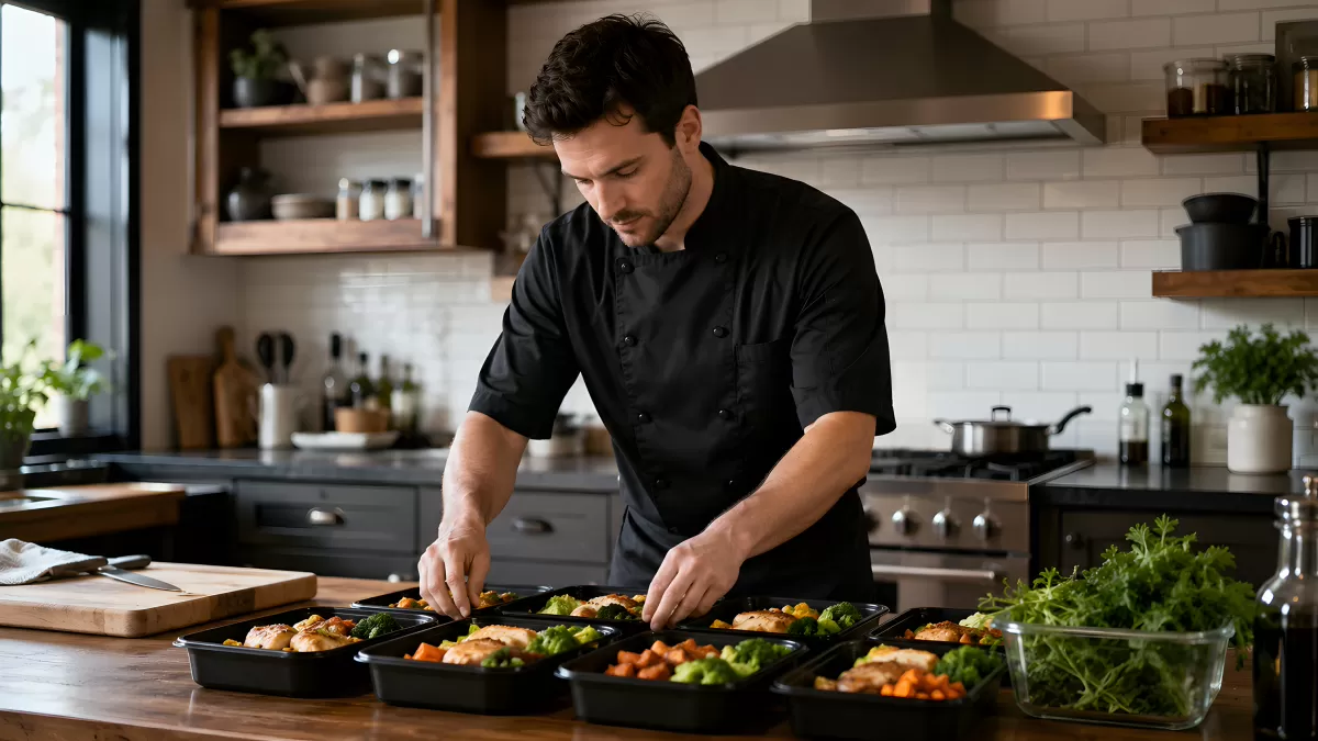 Profikoch stellt Meal-Prep-Boxen in Küche her