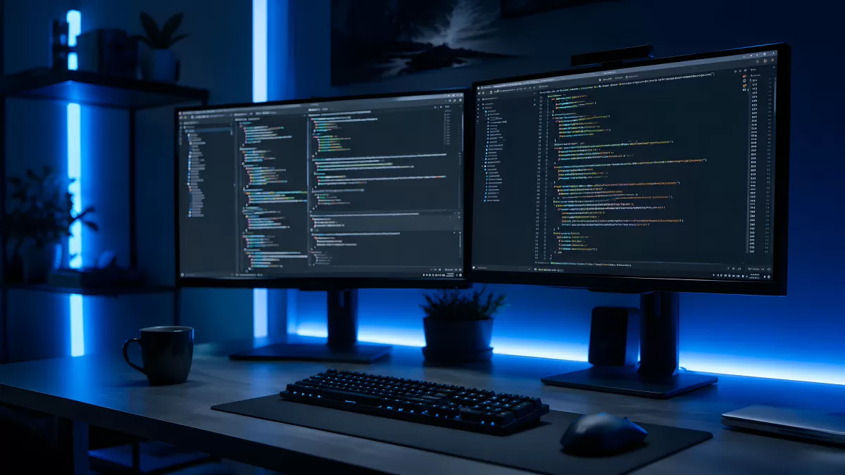 Programmier-Arbeitsplatz mit zwei Monitoren im Blaulicht