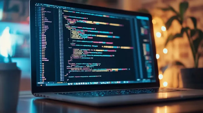Programmiercode auf modernem Laptop in gemütlicher Atmosphäre