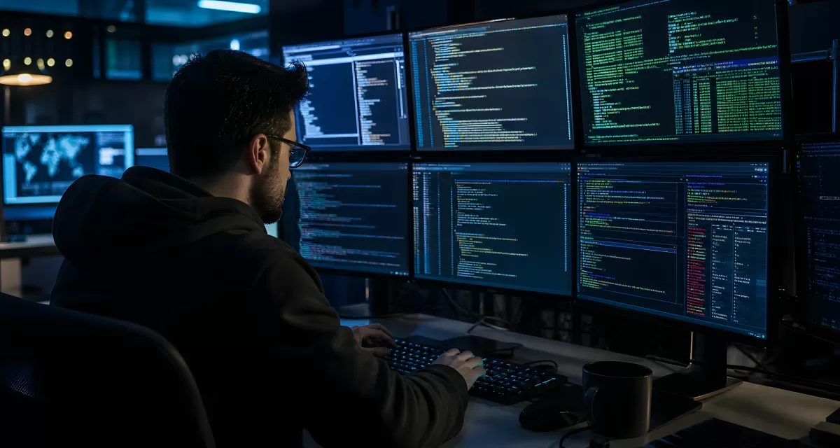 Programmierer arbeitet nachts an mehreren Bildschirmen