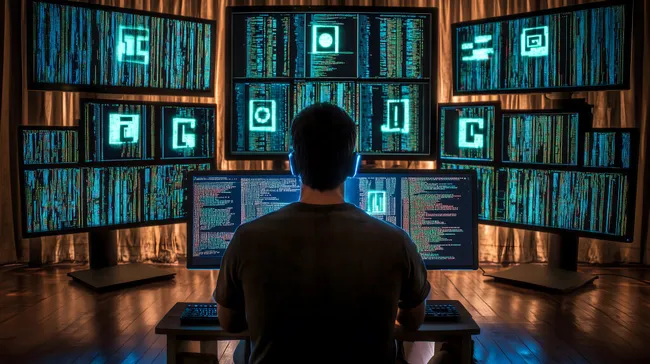 Programmierer codiert an mehreren Bildschirmen in futuristischem Büro