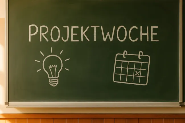 Projektwochenkonzept auf Tafel mit Glühbirne und Kalender