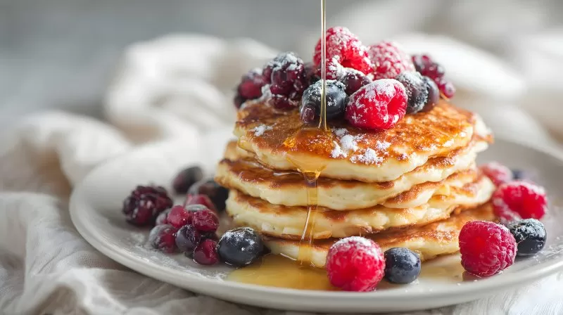 Protein Pancakes mit Beeren und Honig auf weißem Teller