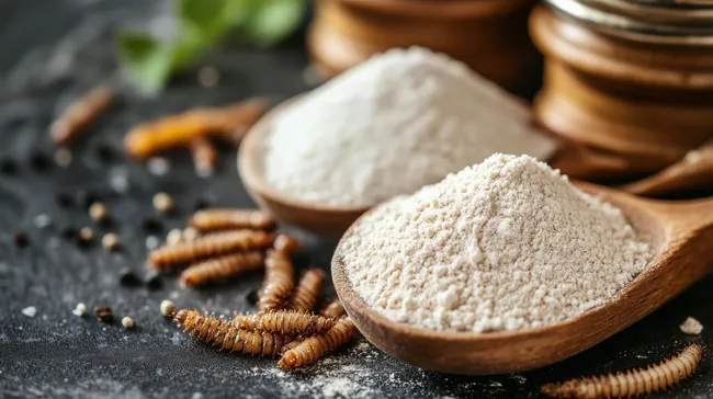 Proteinhaltige Mehlwürmer und Vollkornmehl auf Holzlöffeln