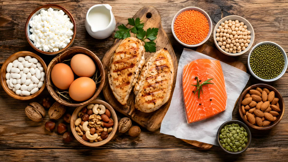 Proteinreiche Lebensmittel auf rustikalem Holztisch