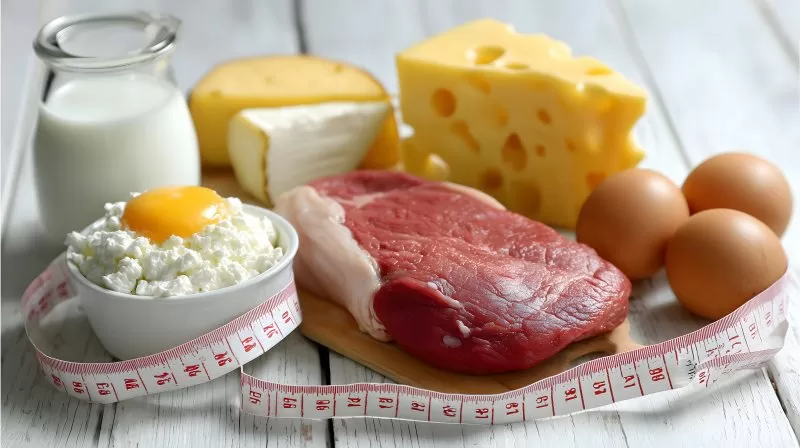 Proteinreiche Lebensmittel mit Maßband und Hähnchen auf schwarzem Untergrund