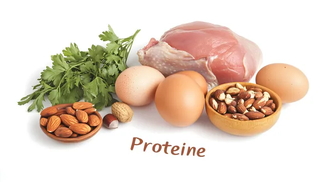 Proteinreiche Lebensmittel wie Eier, Hühnchen und Nüsse