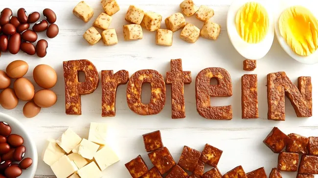 Proteinreiche Nahrungsmittel auf hellem Holzhintergrund