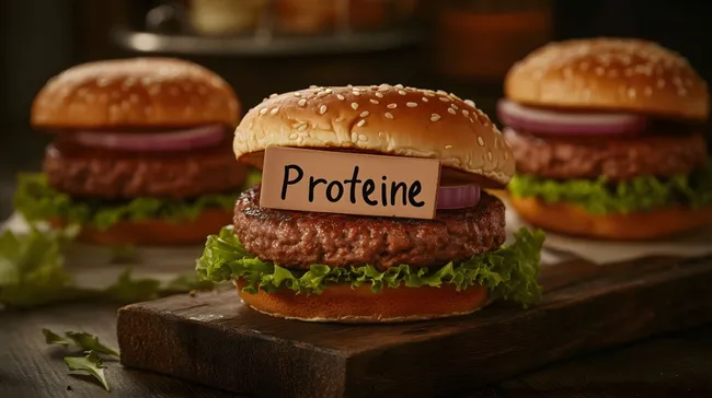 Proteinreicher Burger mit Schild auf Holzbrett