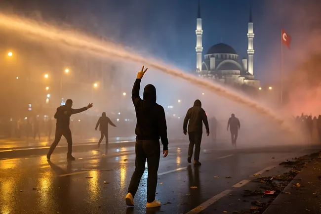 Protestkundgebung in Istanbul bei Nacht mit Moschee