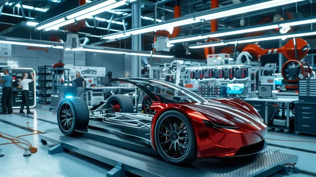 Prototyp eines futuristischen Elektrosportwagens in Industriewerkstatt