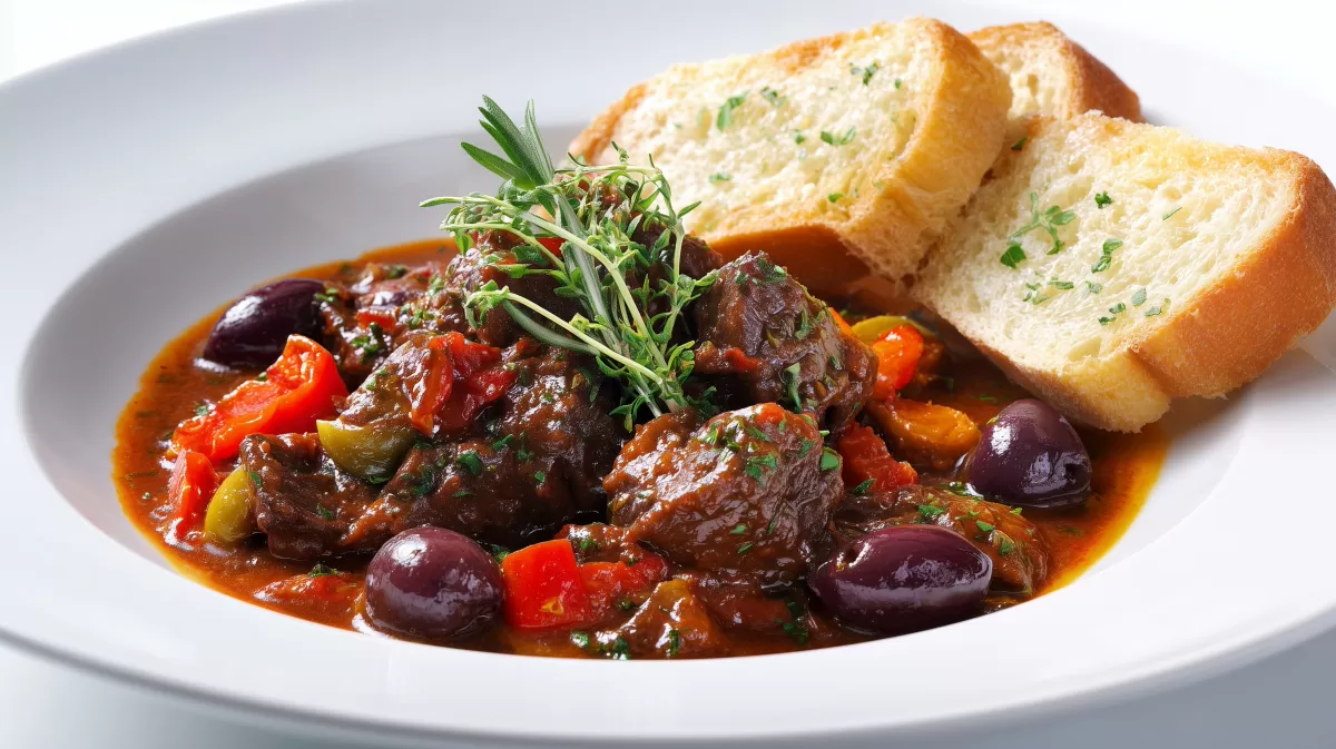 Provenzalisches Rindergulasch mit Oliven und Brot