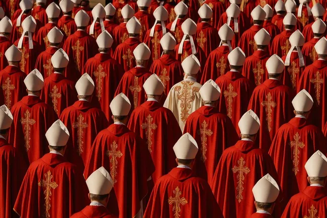 Prozession katholischer Würdenträger in roten Gewändern