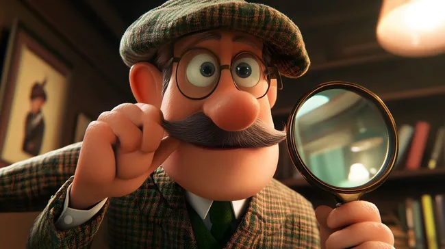 Prüfender Detektiv mit Lupe in Vintage-Büroumgebung