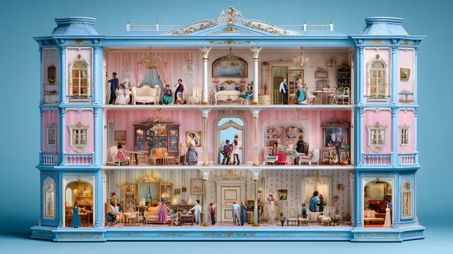 Prunkvoll eingerichtetes Puppenhaus im viktorianischen Stil