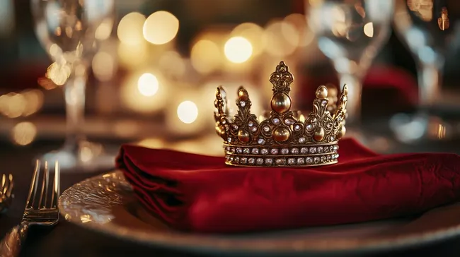 Prunkvolle Königskrone auf rotem Samt - Elegante Tischdekoration