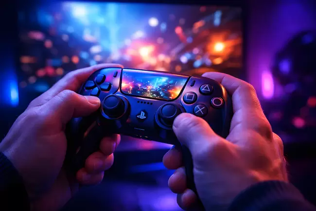 PS5-Spielkonsole und Videospiele in leuchtenden Farben