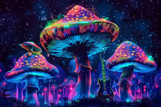 Psychedelischer Pilzteppich mit Gitarre im Weltraum