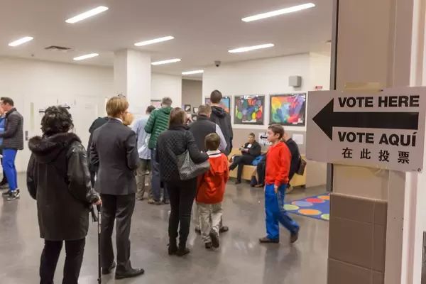 Public School 59: Polling Place of Donald Trump showing a queue of different people