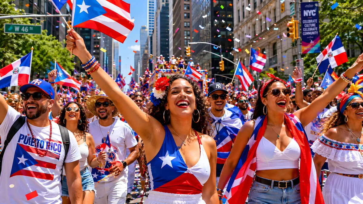 Puerto-Rico-Parade in New York mit Flaggen und Konfetti