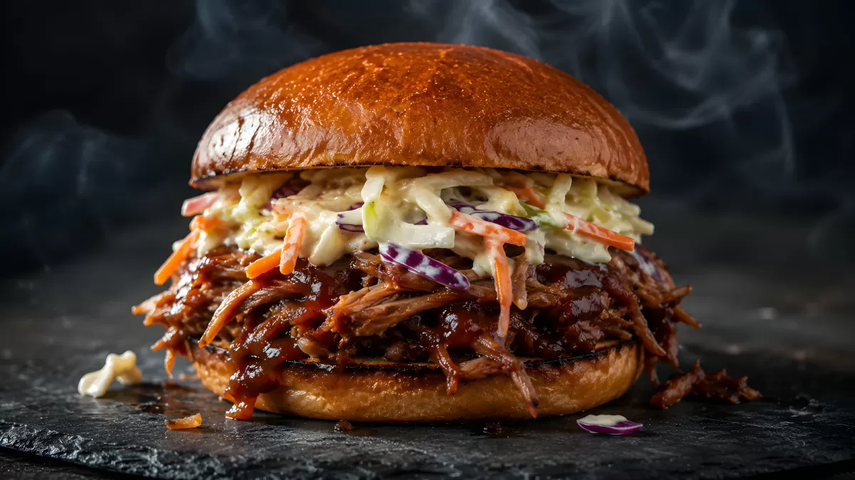 Pulled-Pork-Burger mit Coleslaw auf Schieferplatte