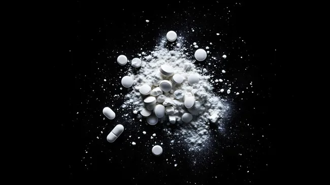 Pulvrige Medikamente auf dunklem Hintergrund