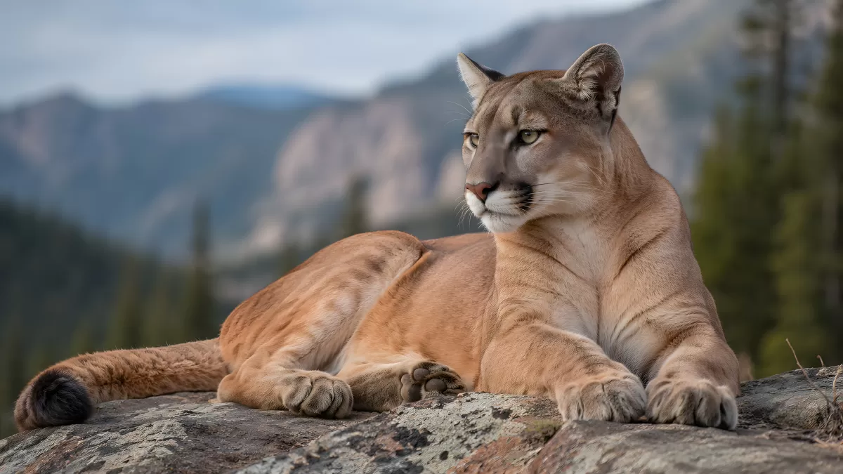Puma ruht auf Felsen vor Bergpanorama