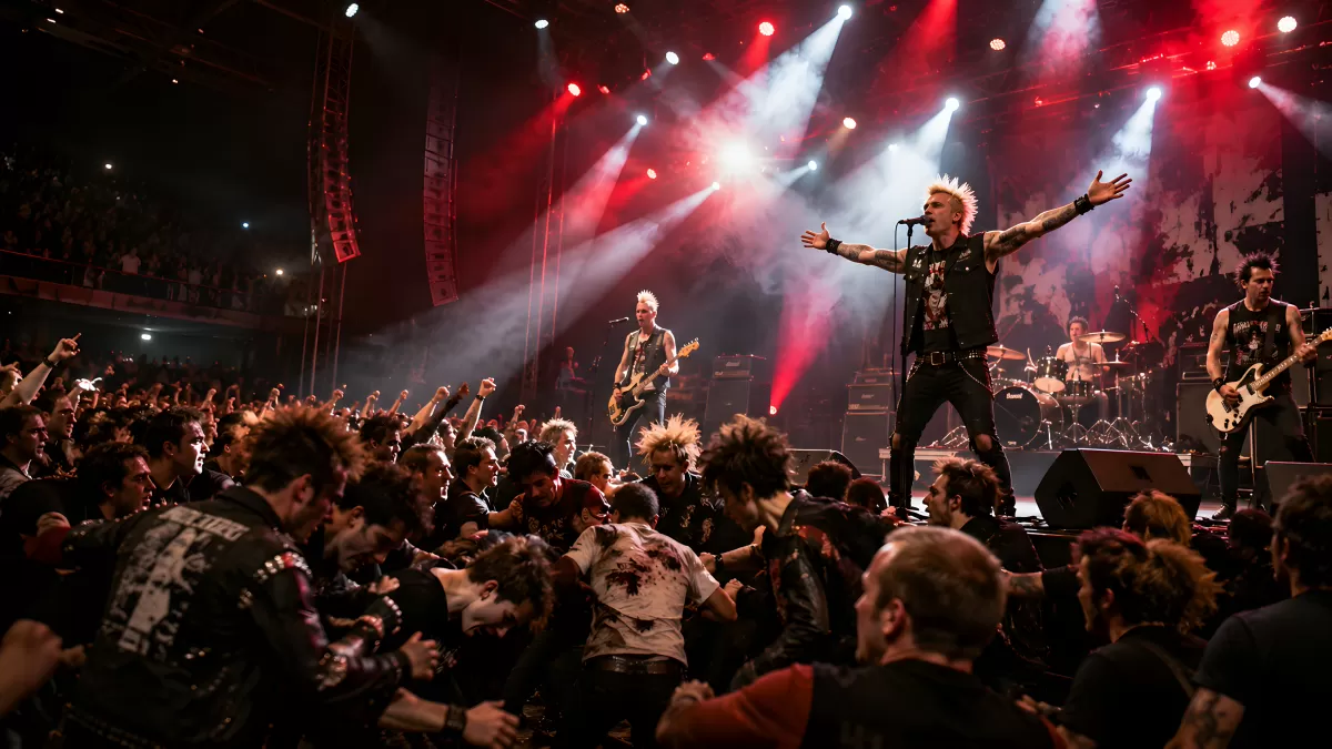 Punk-Band auf Bühne mit ausgelassener Menschenmenge