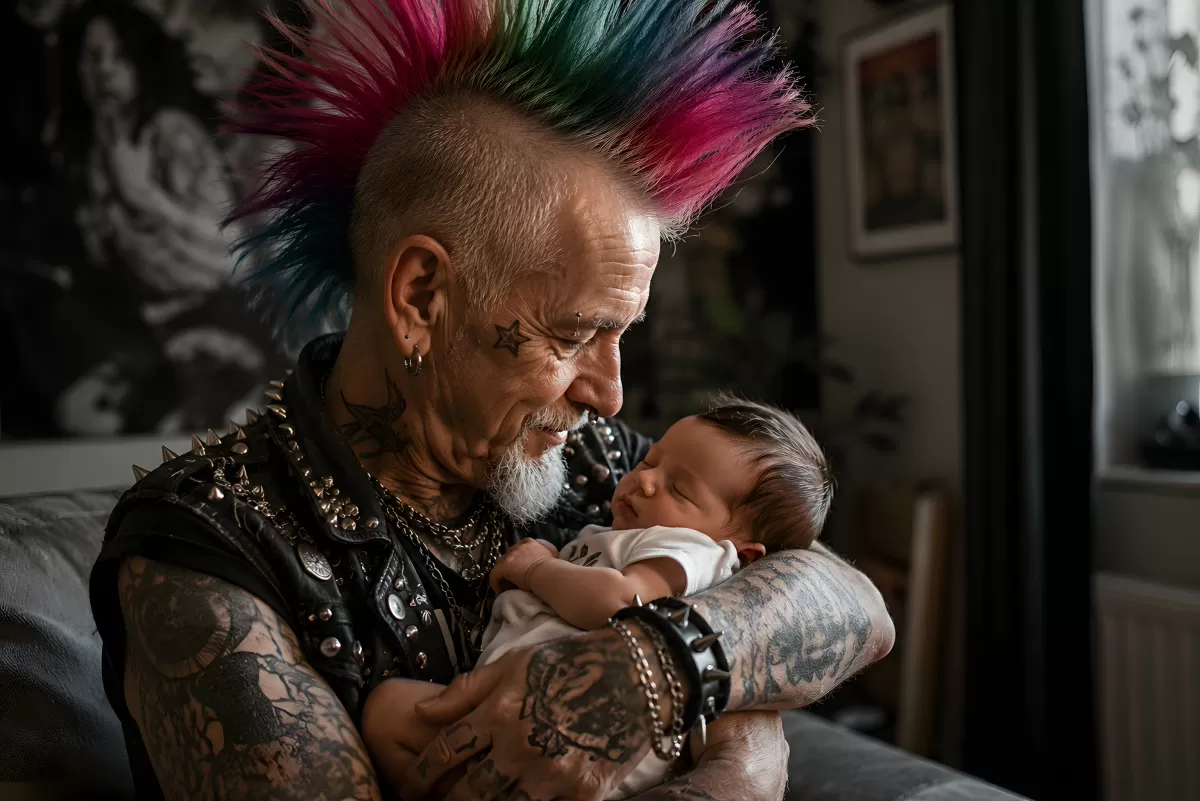 Punk-Opa mit buntem Irokesen hält schlafendes Neugeborenes