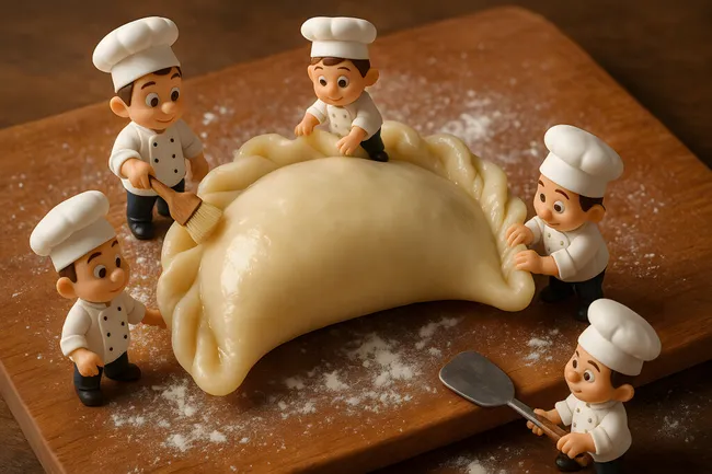Puppenköche formen großen Teigling auf Holzbrett