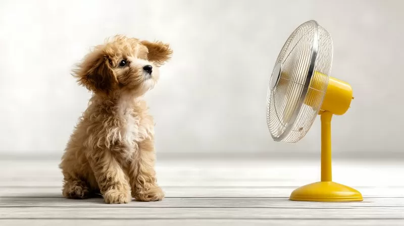 Puppy sitting in front of yellow fan on wooden floor