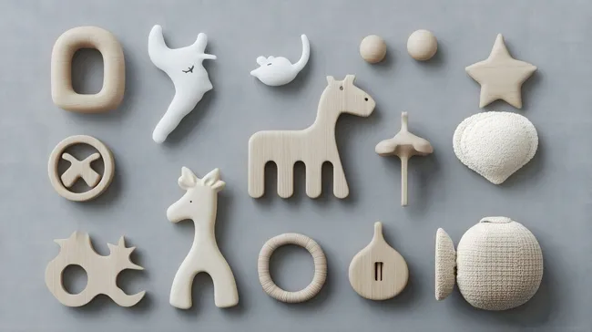 Puristisches Holz-Spielzeug auf Grauton-Hintergrund