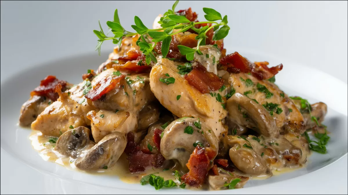 Puten Geschnetzeltes Jaeger Art mit Pilzen und Speck