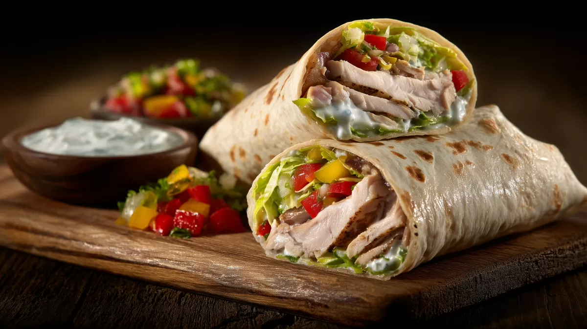 Puten Gyros Burritos mit Tzatziki auf Holzbrett