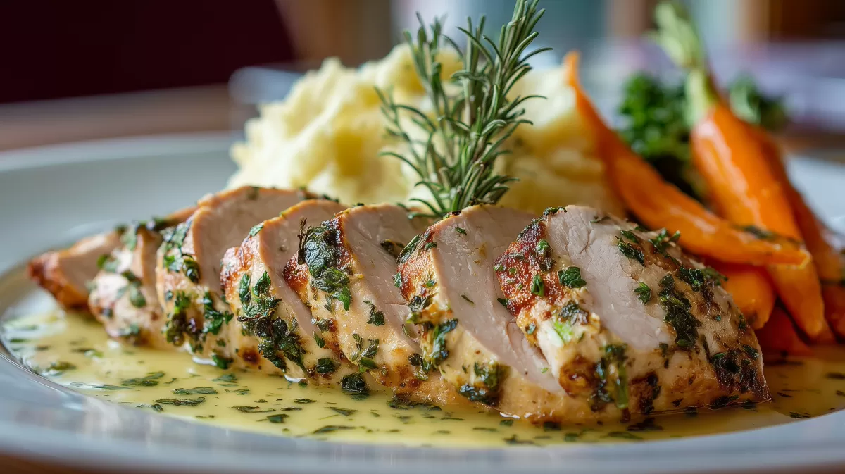 Putenbrust mit Kräutern auf Kartoffelpüree serviert