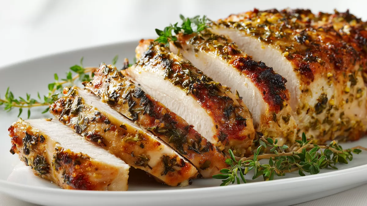 Putenbrust mit Kräutern saftig aufgeschnitten