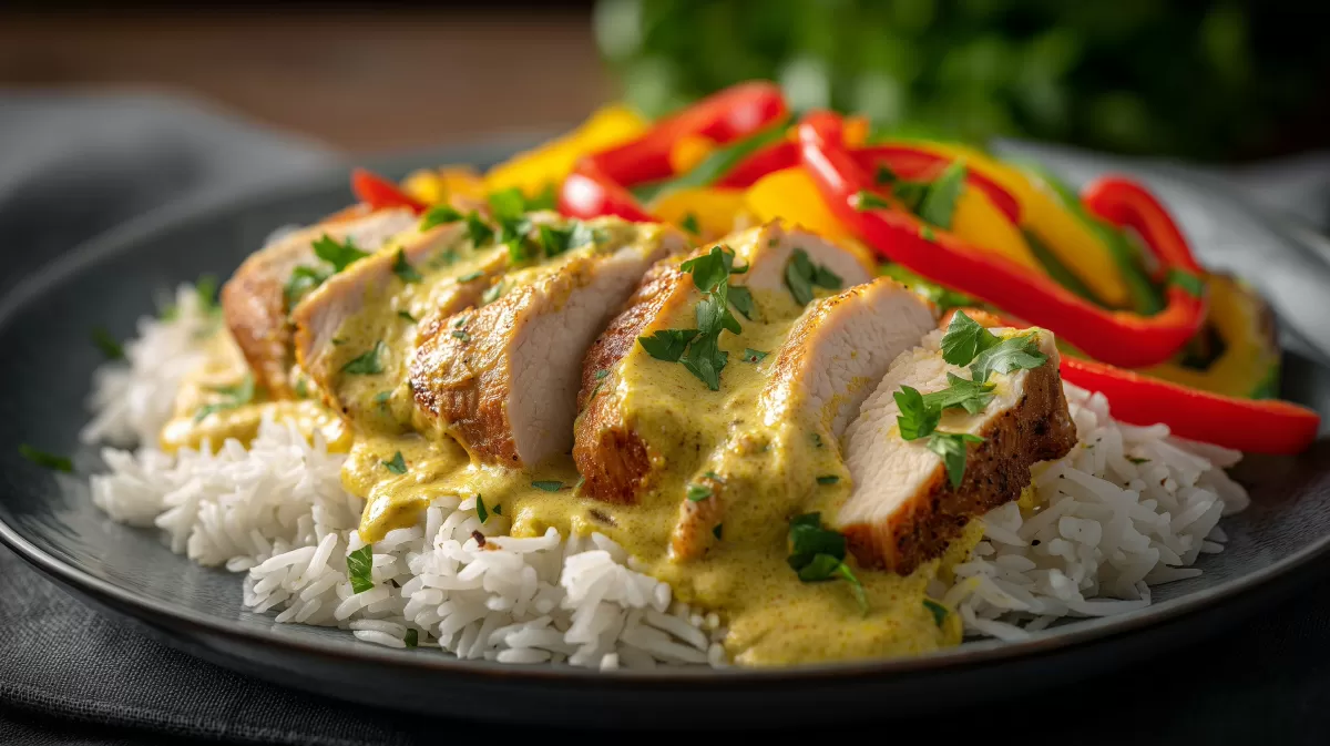 Putengeschnetzeltes mit Curryreis und Paprika