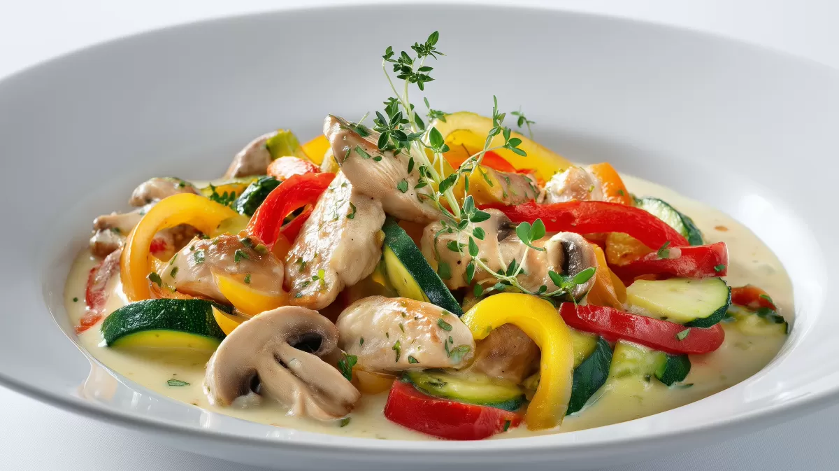 Putengeschnetzeltes mit Gemüse in cremiger Soße