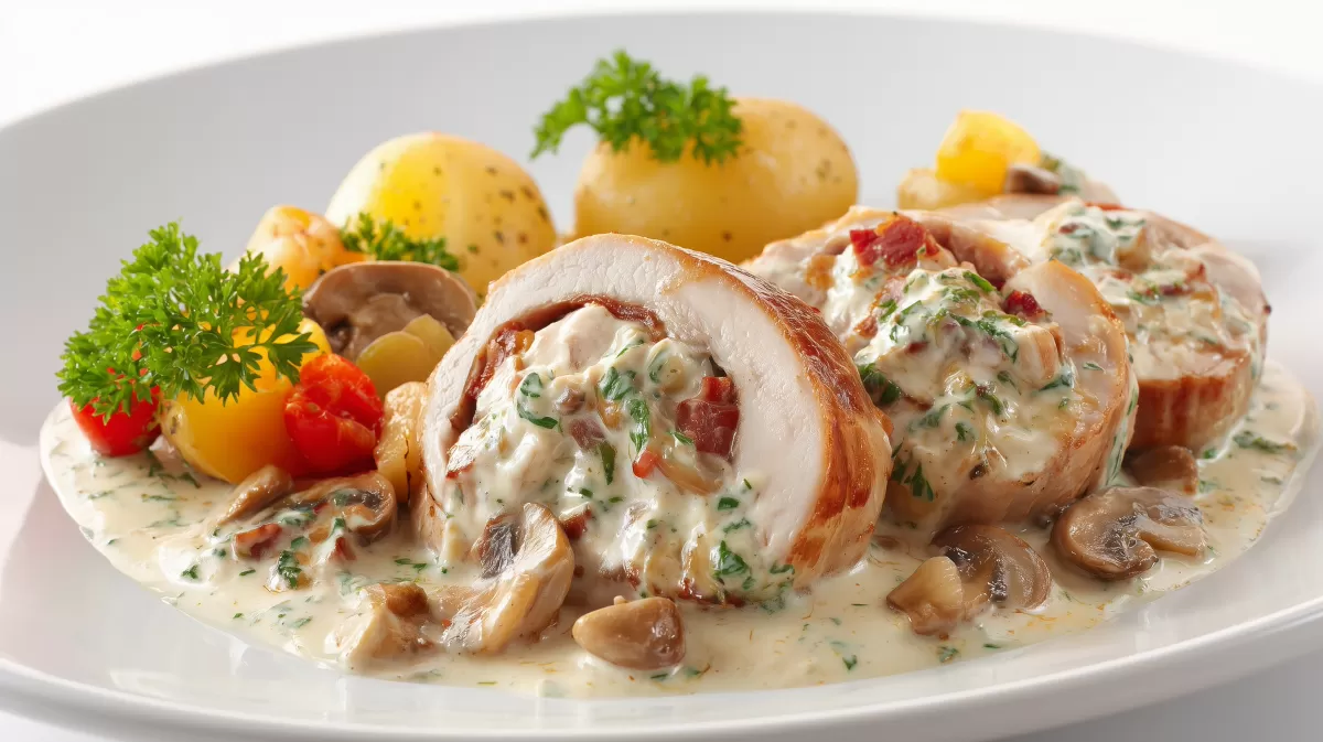 Putenrouladen mit Käsefüllung in Champignonsauce
