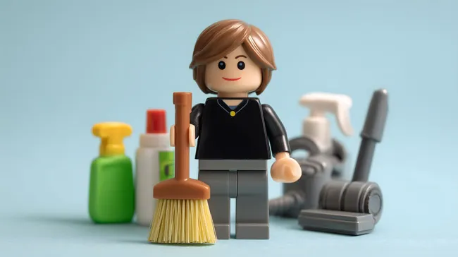 Putzfrau mit Besen und Reinigungsmitteln - Reinigungsszene