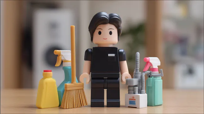 Putzfrau mit Reinigungsmitteln für saubere Räume