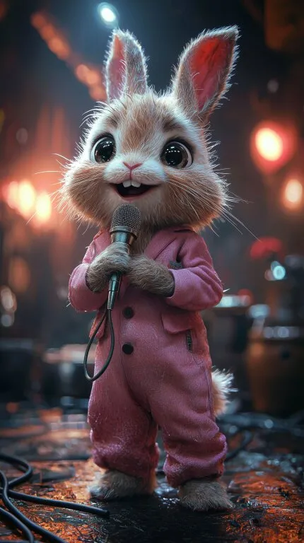 Putzig-süßer Sänger-Hase mit Mikrofon auf Bühne
