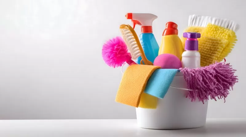 Putzmittel und Reinigungsutensilien in weißem Eimer