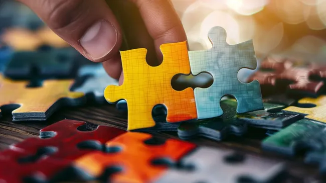 Puzzlestücke in bunten Farben und eine Hand, die ein Stück einfügt