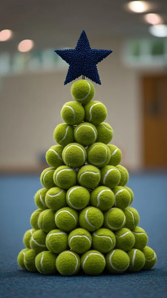 Pyramide aus Tennisbällen als Weihnachtsbaum-Alternative