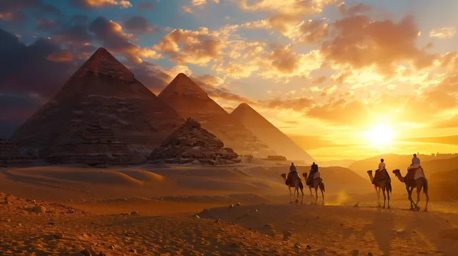 Pyramiden von Gizeh bei spektakulärem Sonnenuntergang