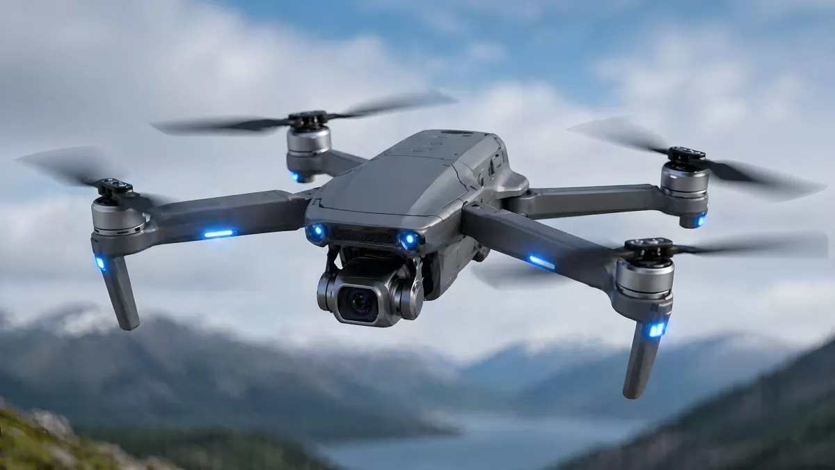 Quadrocopter mit Kamera fliegt über Berglandschaft