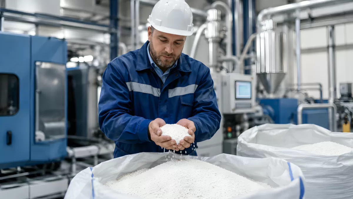 Qualitätskontrolle von Kunststoffgranulat in Fabrikhalle